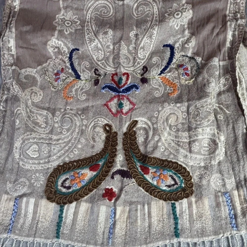 Pashmina Shawl Wrap Womens‎ Gray Paisley Embroidered Tassel Fringe Boho India